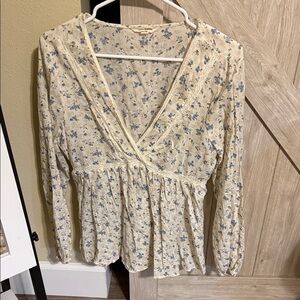Lucky Brand Cream and Blue Floral Blouse